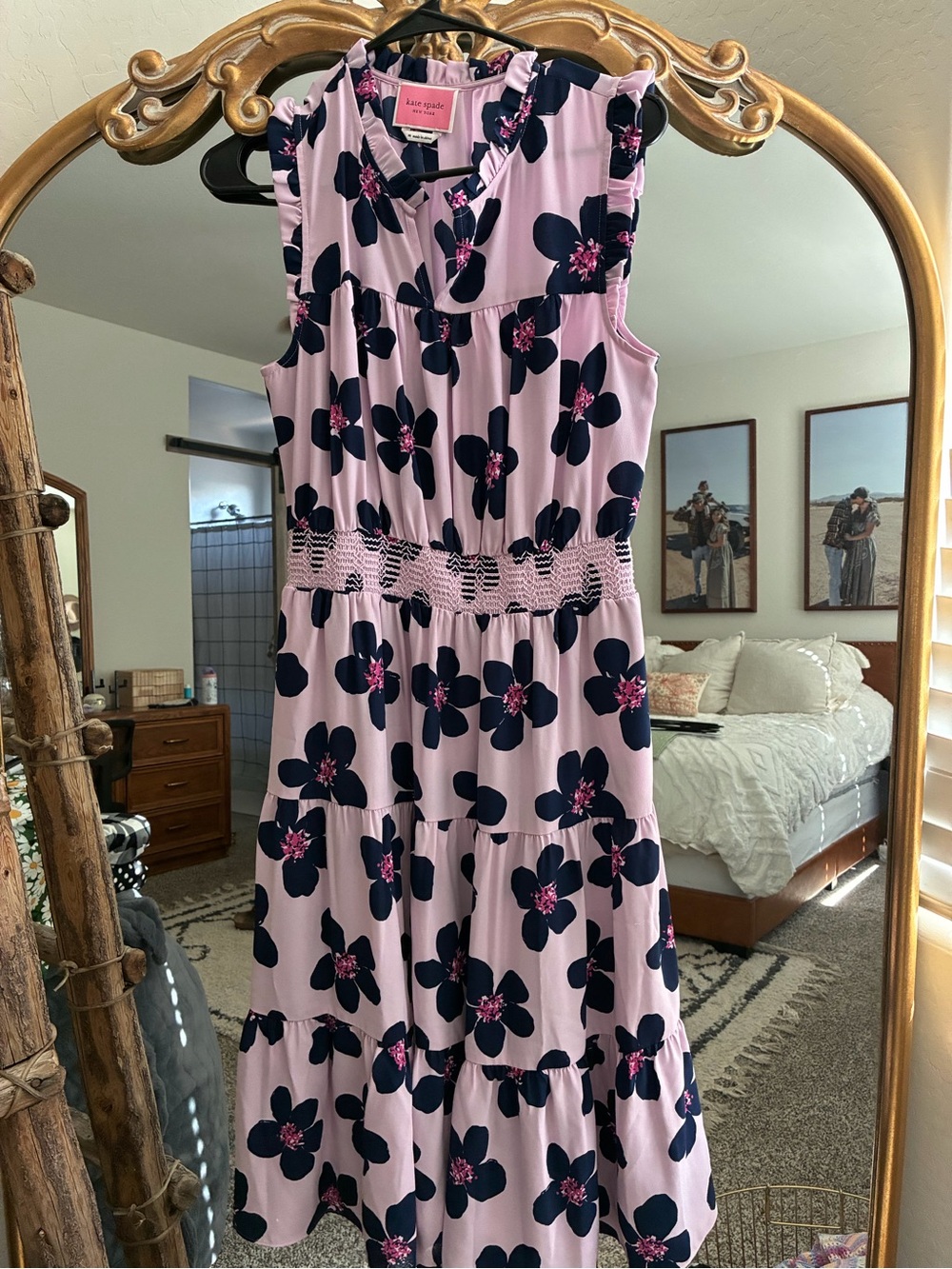kate spade Light Pink and Navy Floral Ruffled Neck Dress
